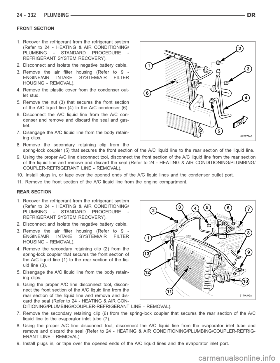 DODGE RAM SRT-10 2006  Service Repair Manual FRONT SECTION
1. Recover the refrigerant from the refrigerant system
(Refer to 24 - HEATING & AIR CONDITIONING/
PLUMBING - STANDARD PROCEDURE -
REFRIGERANT SYSTEM RECOVERY).
2. Disconnect and isolate 