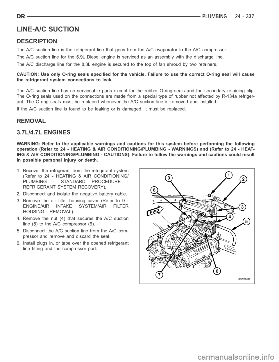 DODGE RAM SRT-10 2006  Service Repair Manual LINE-A/C SUCTION
DESCRIPTION
The A/C suction line is the refrigerant line that goes from the A/C evaporator to the A/C compressor.
TheA/Csuctionlineforthe5.9LDieselengineisservicedasanassemblywith the