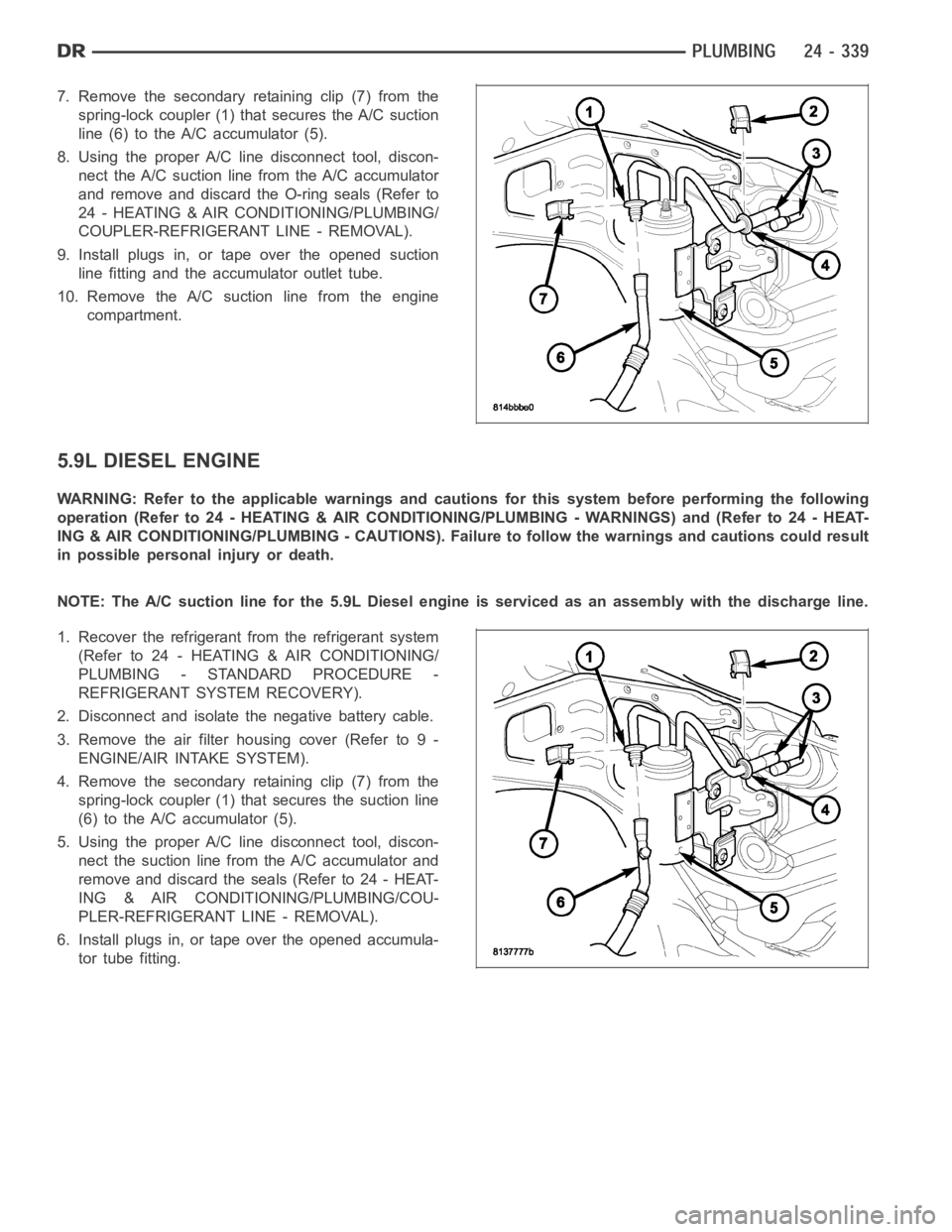 DODGE RAM SRT-10 2006  Service Repair Manual 7. Remove the secondary retaining clip (7) from the
spring-lock coupler (1) that secures the A/C suction
line (6) to the A/C accumulator (5).
8. Using the proper A/C line disconnect tool, discon-
nect
