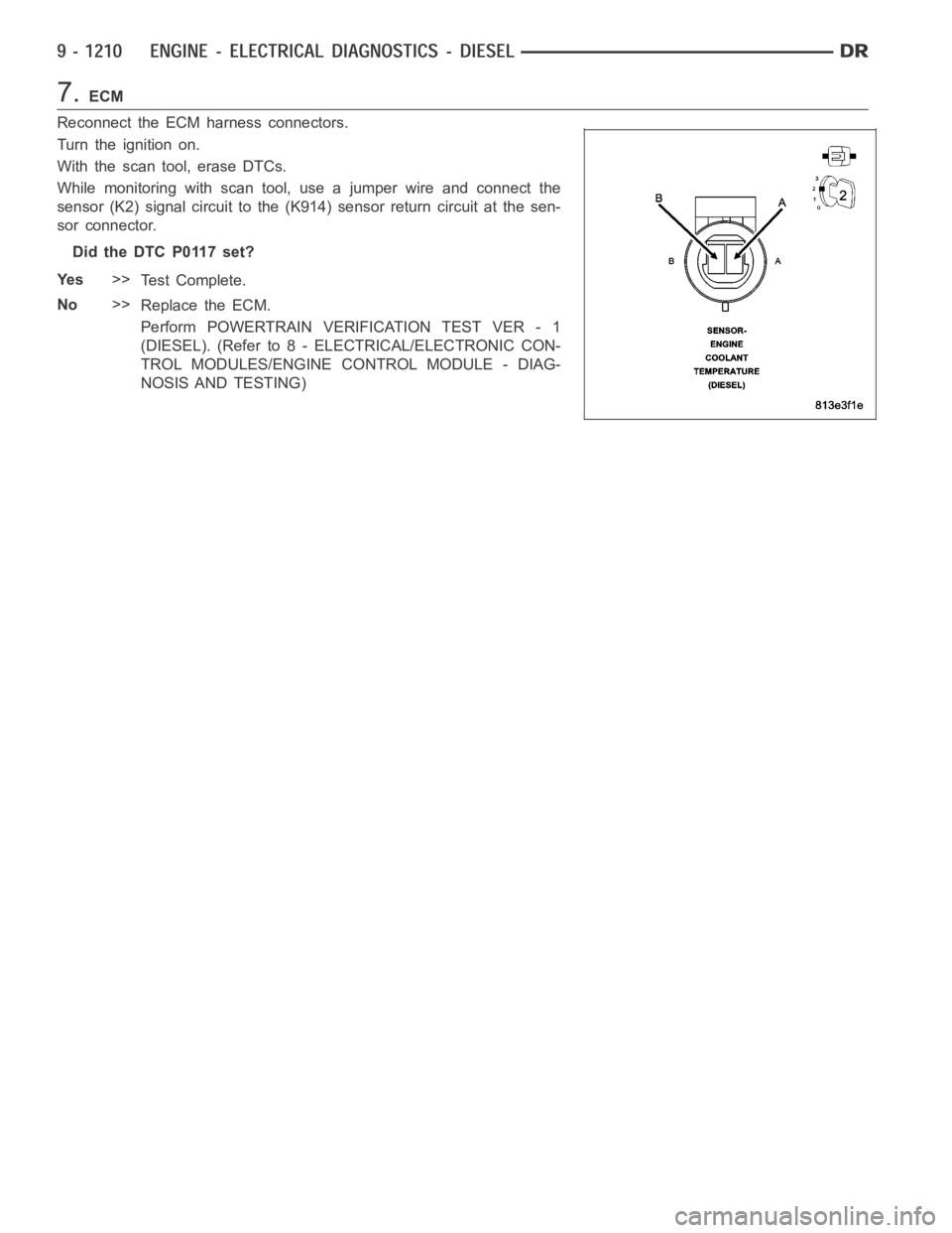 DODGE RAM SRT-10 2006 Service Repair Manual 7.ECM
Reconnect the ECM harness connectors.
Turn the ignition on.
With the scan tool, erase DTCs.
While monitoring with scan tool, use a jumper wire and connect the
sensor (K2) signal circuit to the ( DODGE RAM SRT-10 2006 Service Repair Manual 7.ECM
Reconnect the ECM harness connectors.
Turn the ignition on.
With the scan tool, erase DTCs.
While monitoring with scan tool, use a jumper wire and connect the
sensor (K2) signal circuit to the (