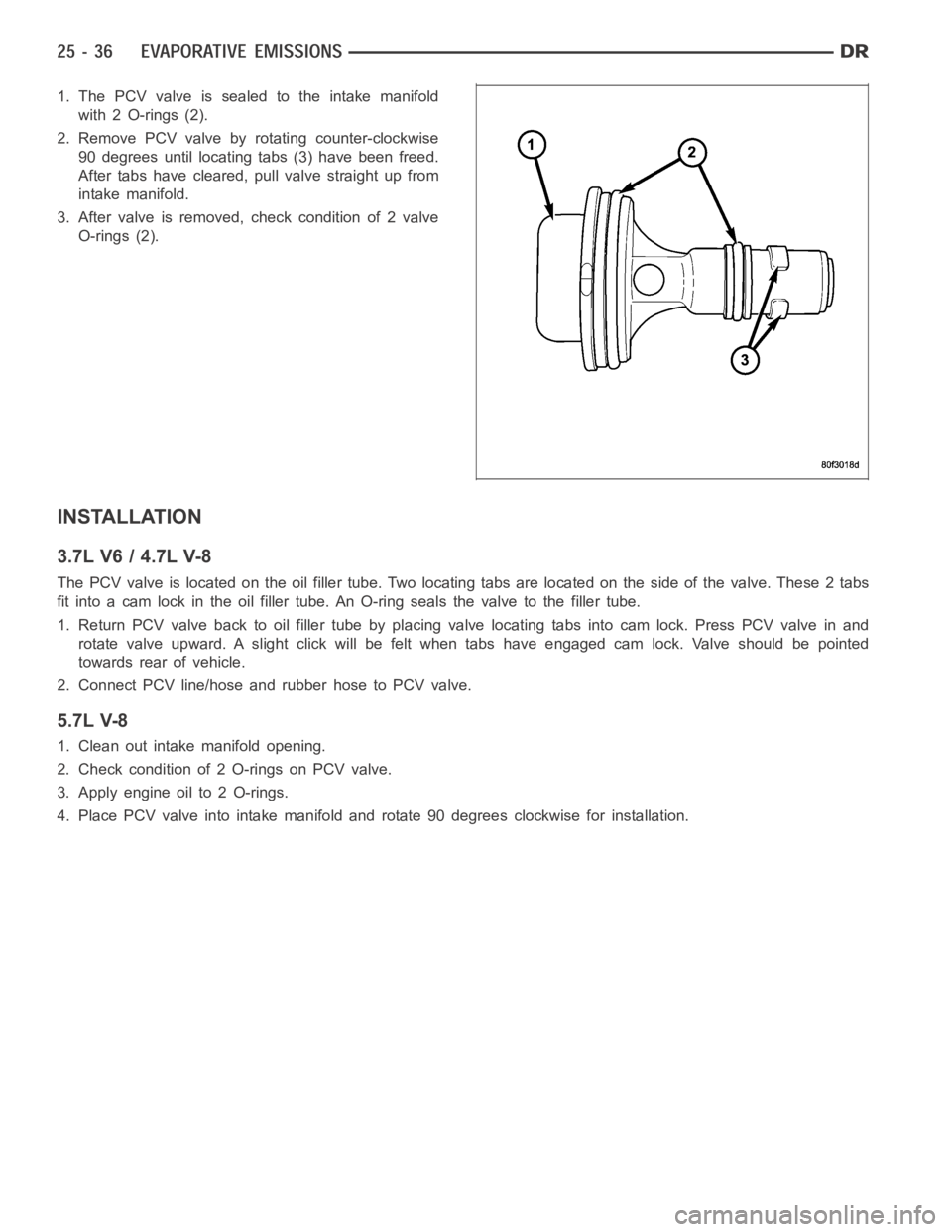 DODGE RAM SRT-10 2006  Service Repair Manual 1. The PCV valve is sealed to the intake manifold
with 2 O-rings (2).
2. Remove PCV valve by rotating counter-clockwise
90 degrees until locating tabs (3) have been freed.
After tabs have cleared, pul