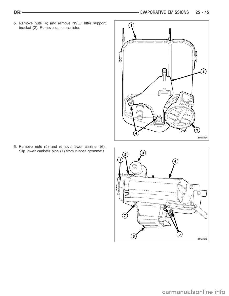 DODGE RAM SRT-10 2006  Service Repair Manual 5. Remove nuts (4) and remove NVLD filter support
bracket (2). Remove upper canister.
6. Remove nuts (5) and remove lower canister (6).
Slip lower canister pins (7) from rubber grommets. 