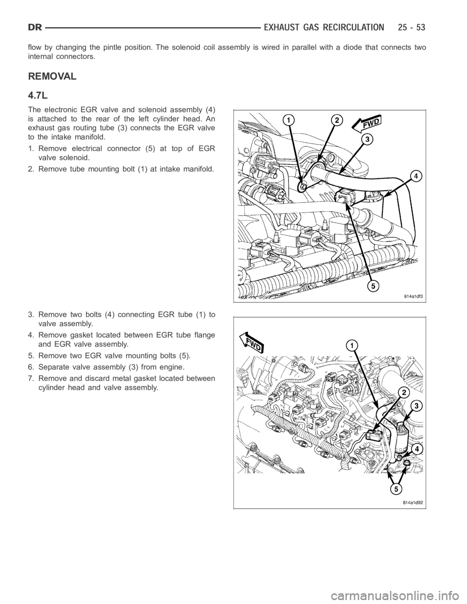 DODGE RAM SRT-10 2006  Service Repair Manual flow by changing the pintle position. The solenoid coil assembly is wired in parallel with a diode that connects two
internal connectors.
REMOVAL
4.7L
The electronic EGR valve and solenoid assembly (4