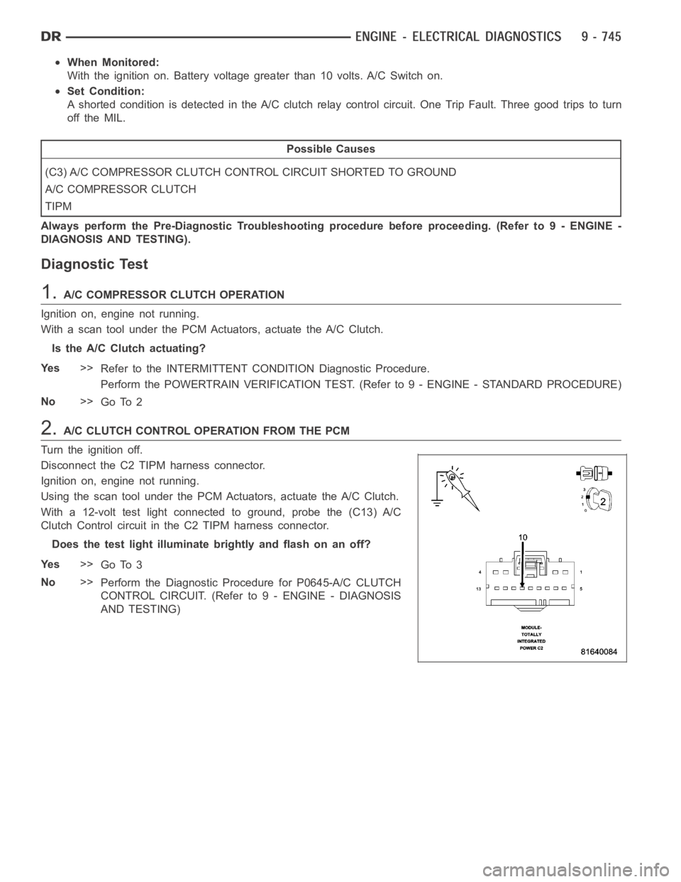 DODGE RAM SRT-10 2006 Service User Guide When Monitored:
With the ignition on. Battery voltage greater than 10 volts. A/C Switch on.
Set Condition:
A shorted condition is detected in the A/C clutch relay control circuit. One Trip Fault. Thre DODGE RAM SRT-10 2006 Service User Guide When Monitored:
With the ignition on. Battery voltage greater than 10 volts. A/C Switch on.
Set Condition:
A shorted condition is detected in the A/C clutch relay control circuit. One Trip Fault. Thre