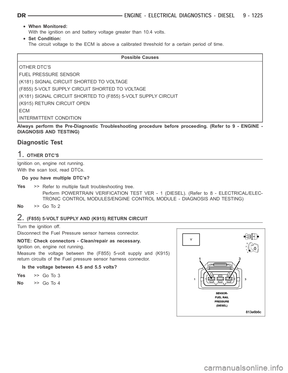 DODGE RAM SRT-10 2006 Service Repair Manual When Monitored:
With the ignition on and battery voltage greater than 10.4 volts.
Set Condition:
The circuit voltage to the ECM is above a calibrated threshold for a certainperiod of time.
Possible Ca DODGE RAM SRT-10 2006 Service Repair Manual When Monitored:
With the ignition on and battery voltage greater than 10.4 volts.
Set Condition:
The circuit voltage to the ECM is above a calibrated threshold for a certainperiod of time.
Possible Ca