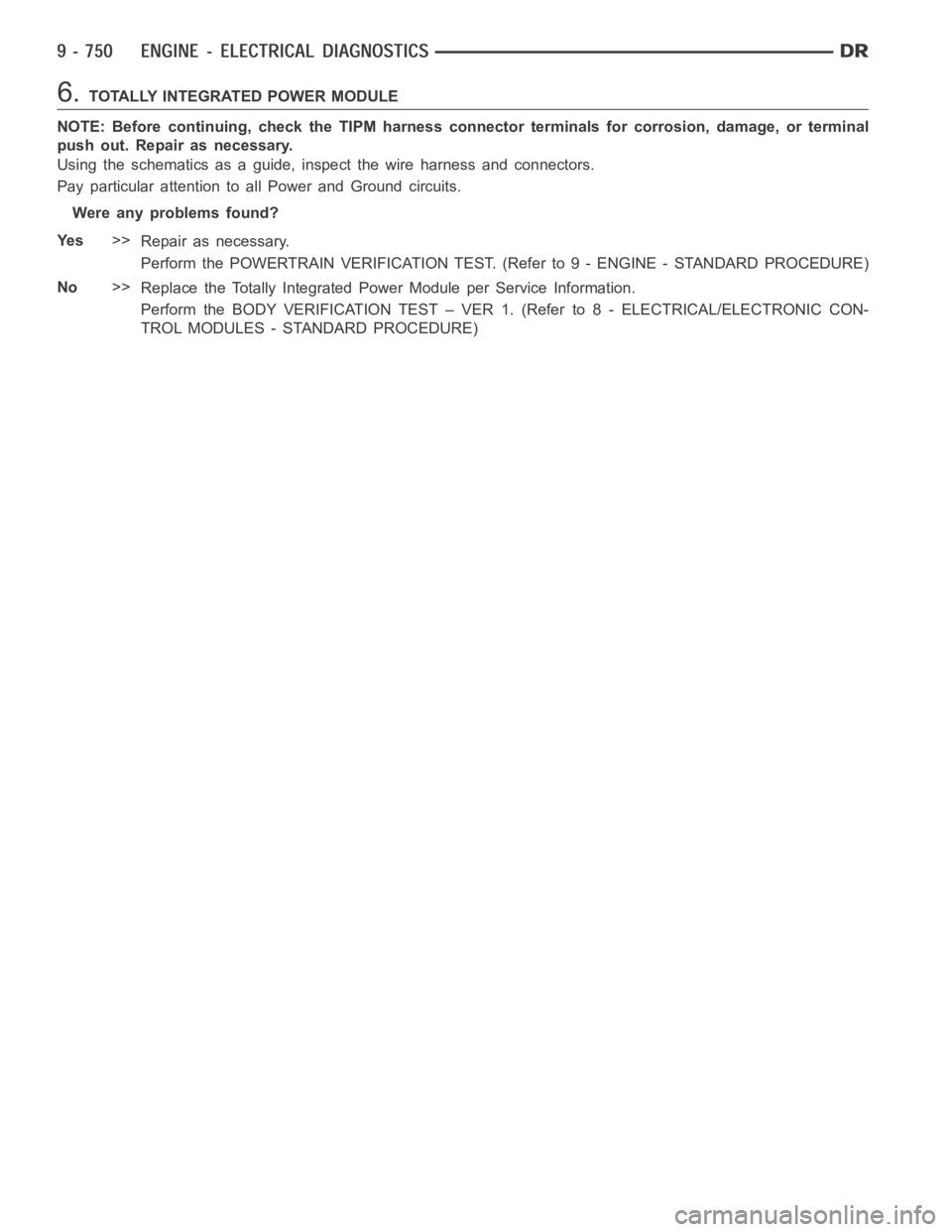 DODGE RAM SRT-10 2006  Service Owners Manual 6.TOTALLY INTEGRATED POWER MODULE
NOTE: Before continuing, check the TIPM harness connector terminals for corrosion, damage, or terminal
push out. Repair as necessary.
Using the schematics as a guide,