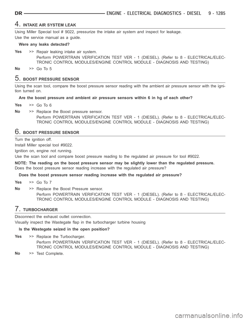 DODGE RAM SRT-10 2006  Service Repair Manual 4.INTAKE AIR SYSTEM LEAK
Using Miller Special tool # 9022, pressurize the intake air system and inspect for leakage.
Use the service manual as a guide.
Were any leaks detected?
Ye s>>
Repair leaking i