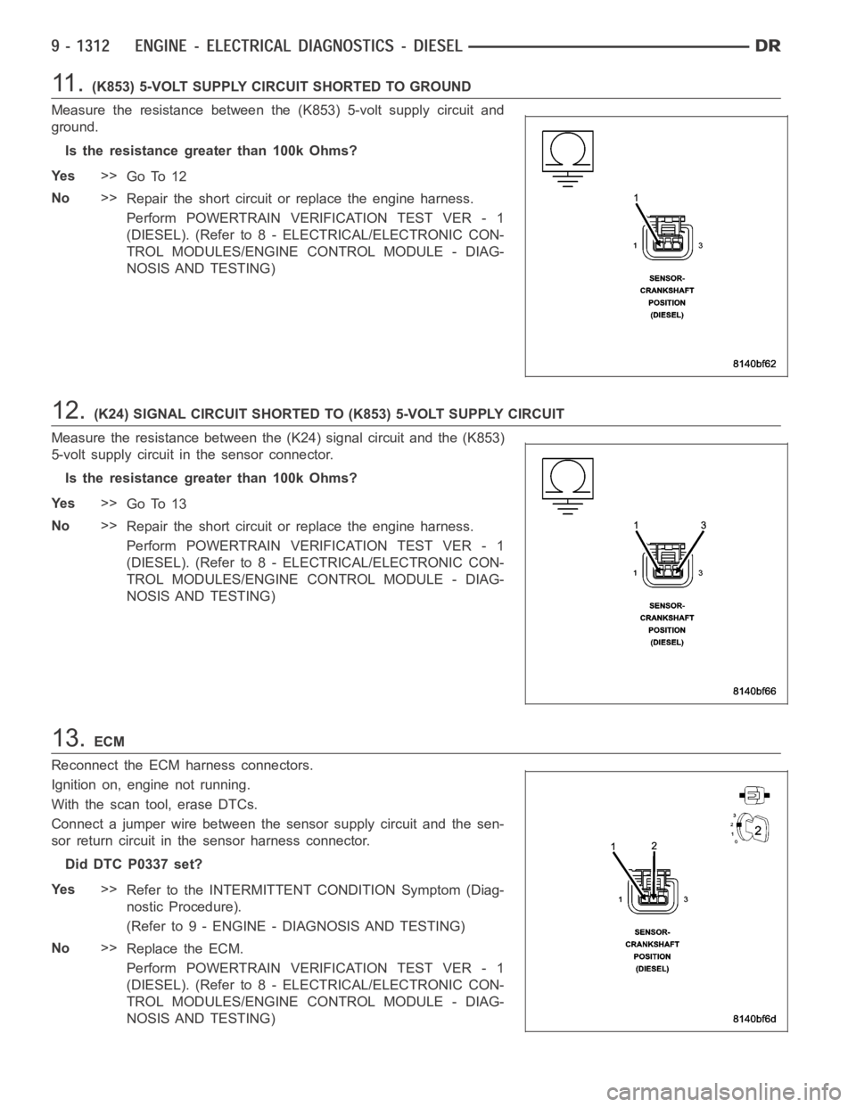 DODGE RAM SRT-10 2006  Service Repair Manual 11 .(K853) 5-VOLT SUPPLY CIRCUIT SHORTED TO GROUND
Measure the resistance between the (K853) 5-volt supply circuit and
ground.
Is the resistance greater than 100k Ohms?
Ye s>>
Go To 12
No>>
Repair the