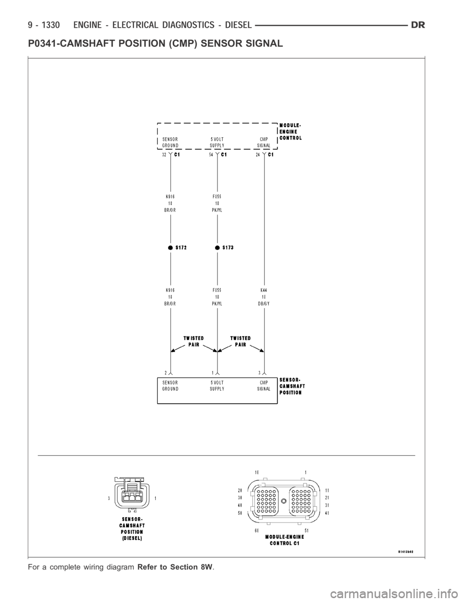 DODGE RAM SRT-10 2006  Service Repair Manual P0341-CAMSHAFT POSITION (CMP) SENSOR SIGNAL
For a complete wiring diagramRefer to Section 8W. 