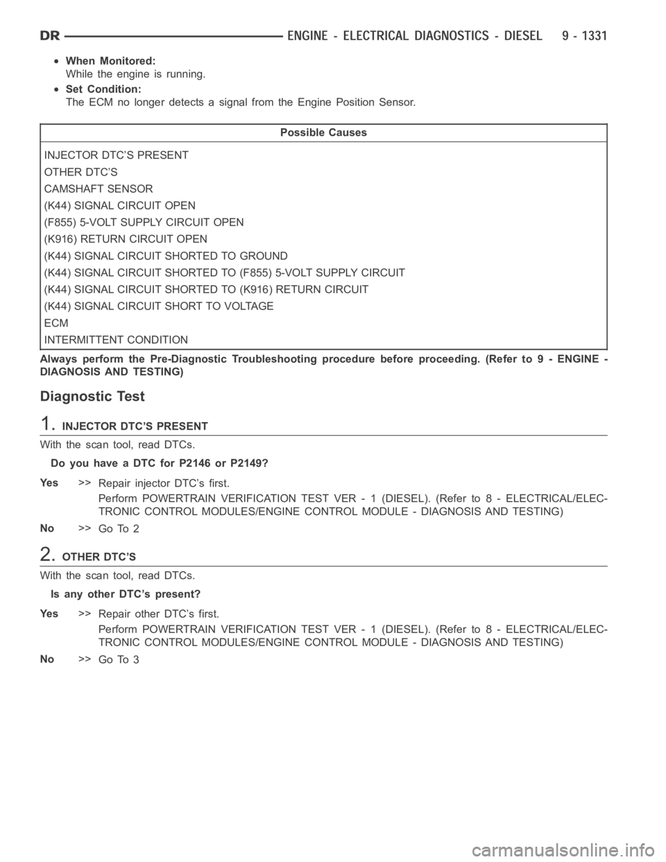 DODGE RAM SRT-10 2006  Service Repair Manual When Monitored:
While the engine is running.
Set Condition:
The ECM no longer detects a signal from the Engine Position Sensor.
Possible Causes
INJECTOR DTC’S PRESENT
OTHER DTC’S
CAMSHAFT SENSOR
(