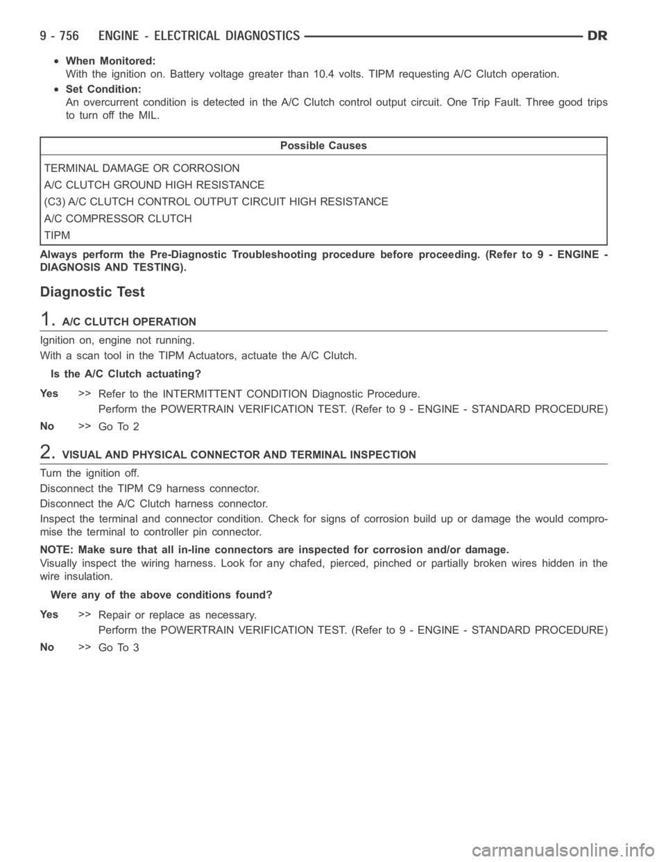 DODGE RAM SRT-10 2006 Service Manual PDF When Monitored:
With the ignition on. Battery voltage greater than 10.4 volts. TIPM requesting A/C Clutch operation.
Set Condition:
An overcurrent condition is detected in the A/C Clutch control outpu DODGE RAM SRT-10 2006 Service Manual PDF When Monitored:
With the ignition on. Battery voltage greater than 10.4 volts. TIPM requesting A/C Clutch operation.
Set Condition:
An overcurrent condition is detected in the A/C Clutch control outpu