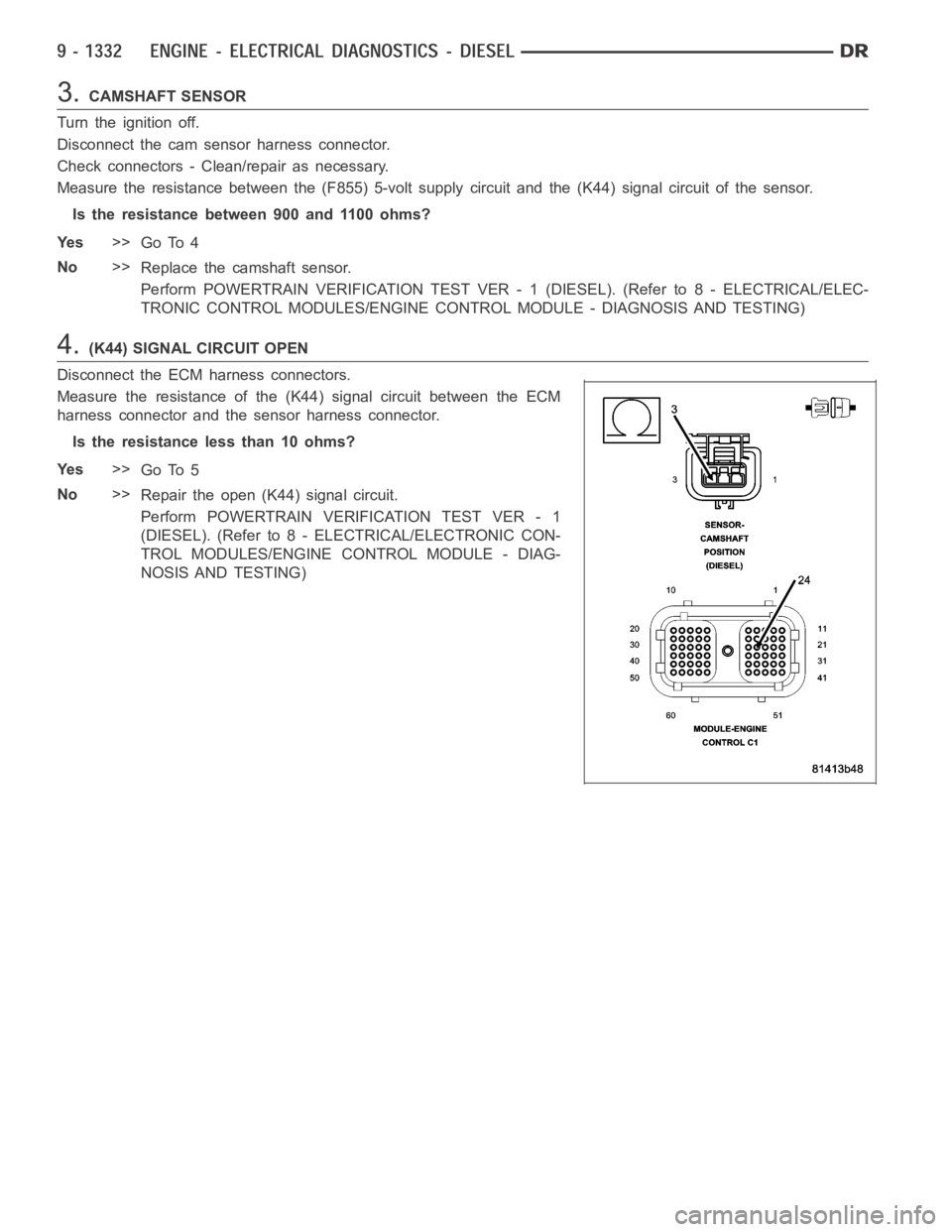 DODGE RAM SRT-10 2006  Service Repair Manual 3.CAMSHAFT SENSOR
Turn the ignition off.
Disconnect the cam sensor harness connector.
Check connectors - Clean/repair as necessary.
Measure the resistance between the (F855) 5-volt supply circuit and 