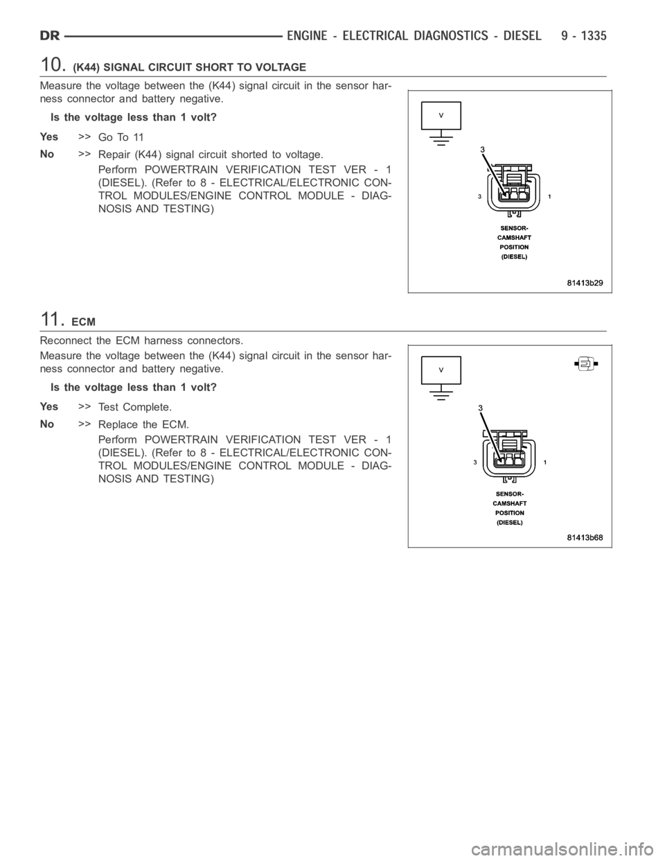 DODGE RAM SRT-10 2006  Service Repair Manual 10.(K44) SIGNAL CIRCUIT SHORT TO VOLTAGE
Measure the voltage between the (K44) signal circuit in the sensor har-
ness connector and battery negative.
Is the voltage less than 1 volt?
Ye s>>
Go To 11
N