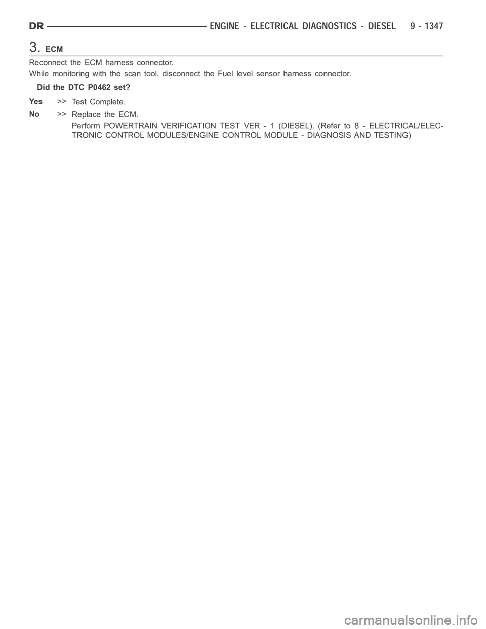 DODGE RAM SRT-10 2006 Service Repair Manual 3.ECM
Reconnect the ECM harness connector.
While monitoring with the scan tool, disconnect the Fuel level sensor harness connector.
Did the DTC P0462 set?
Ye s>>
Te s t C o m p l e t e .
No>>
Replace DODGE RAM SRT-10 2006 Service Repair Manual 3.ECM
Reconnect the ECM harness connector.
While monitoring with the scan tool, disconnect the Fuel level sensor harness connector.
Did the DTC P0462 set?
Ye s>>
Te s t C o m p l e t e .
No>>
Replace