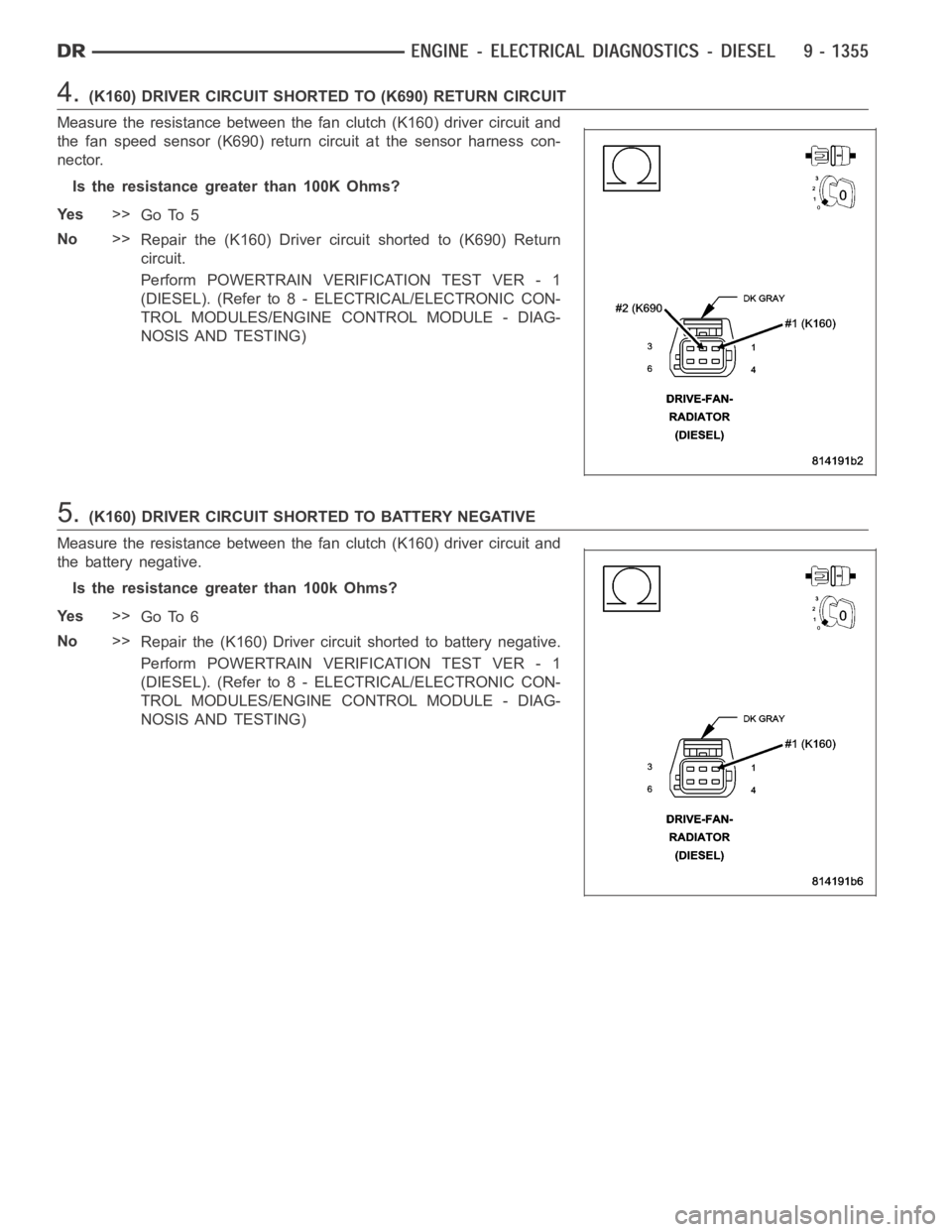 DODGE RAM SRT-10 2006 Service Repair Manual 4.(K160) DRIVER CIRCUIT SHORTED TO (K690) RETURN CIRCUIT
Measure the resistance between the fan clutch (K160) driver circuit and
the fan speed sensor (K690) return circuit at the sensor harness con-
n DODGE RAM SRT-10 2006 Service Repair Manual 4.(K160) DRIVER CIRCUIT SHORTED TO (K690) RETURN CIRCUIT
Measure the resistance between the fan clutch (K160) driver circuit and
the fan speed sensor (K690) return circuit at the sensor harness con-
n