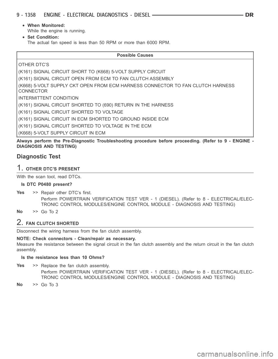 DODGE RAM SRT-10 2006 Service Repair Manual When Monitored:
While the engine is running.
Set Condition:
The actual fan speed is less than 50 RPM or more than 6000 RPM.
Possible Causes
OTHER DTC’S
(K161) SIGNAL CIRCUIT SHORT TO (K668) 5-VOLT S DODGE RAM SRT-10 2006 Service Repair Manual When Monitored:
While the engine is running.
Set Condition:
The actual fan speed is less than 50 RPM or more than 6000 RPM.
Possible Causes
OTHER DTC’S
(K161) SIGNAL CIRCUIT SHORT TO (K668) 5-VOLT S