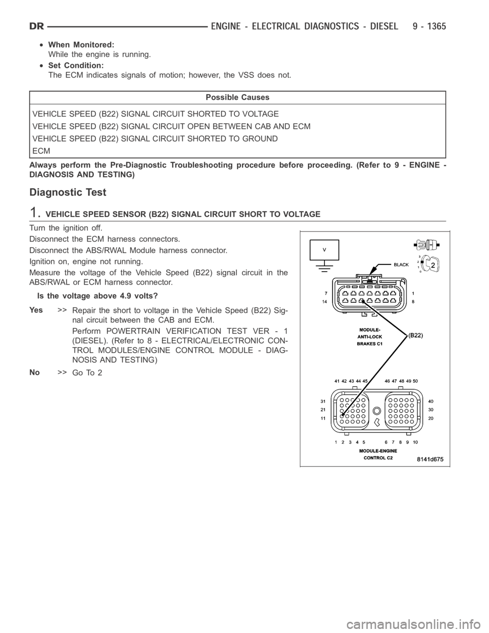 DODGE RAM SRT-10 2006  Service Repair Manual When Monitored:
While the engine is running.
Set Condition:
The ECM indicates signals of motion; however, the VSS does not.
Possible Causes
VEHICLE SPEED (B22) SIGNAL CIRCUIT SHORTED TO VOLTAGE
VEHICL