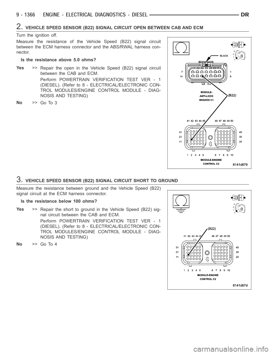DODGE RAM SRT-10 2006  Service Repair Manual 2.VEHICLE SPEED SENSOR (B22) SIGNAL CIRCUIT OPEN BETWEEN CAB AND ECM
Turn the ignition off.
Measure the resistance of the Vehicle Speed (B22) signal circuit
between the ECM harness connector and the A