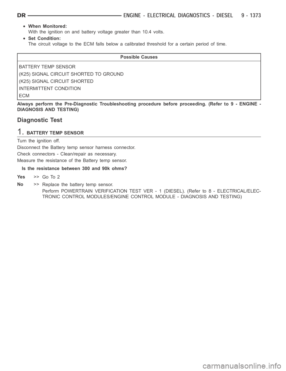DODGE RAM SRT-10 2006  Service Repair Manual When Monitored:
With the ignition on and battery voltage greater than 10.4 volts.
Set Condition:
The circuit voltage to the ECM falls below a calibrated threshold for a certain period of time.
Possibl