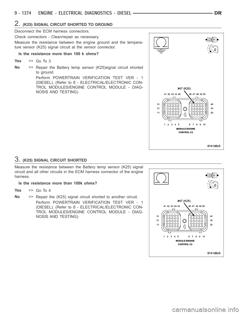DODGE RAM SRT-10 2006  Service Repair Manual 2.(K25) SIGNAL CIRCUIT SHORTED TO GROUND
Disconnect the ECM harness connectors.
Check connectors - Clean/repair as necessary.
Measure the resistance between the engine ground and the tempera-
ture sen