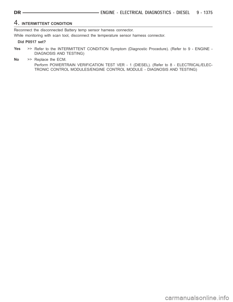 DODGE RAM SRT-10 2006  Service Repair Manual 4.INTERMITTENT CONDITION
Reconnect the disconnected Battery temp sensor harness connector.
While monitoring with scan tool, disconnect the temperature sensor harness connector.
Did P0517 set?
Ye s>>
R