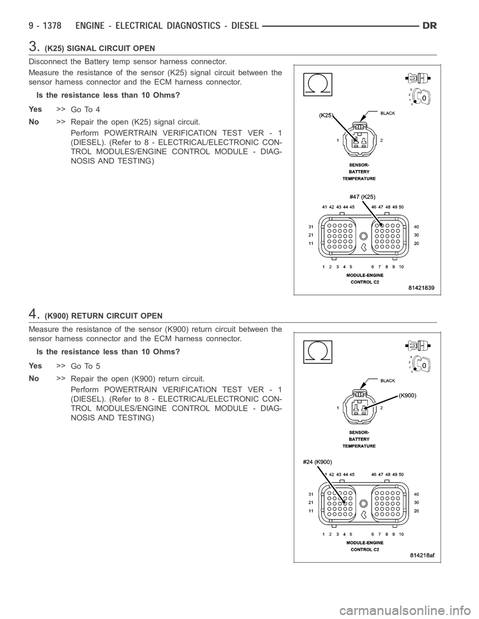 DODGE RAM SRT-10 2006  Service Repair Manual 3.(K25) SIGNAL CIRCUIT OPEN
Disconnect the Battery temp sensor harness connector.
Measure the resistance of the sensor (K25) signal circuit between the
sensor harness connector and the ECM harness con