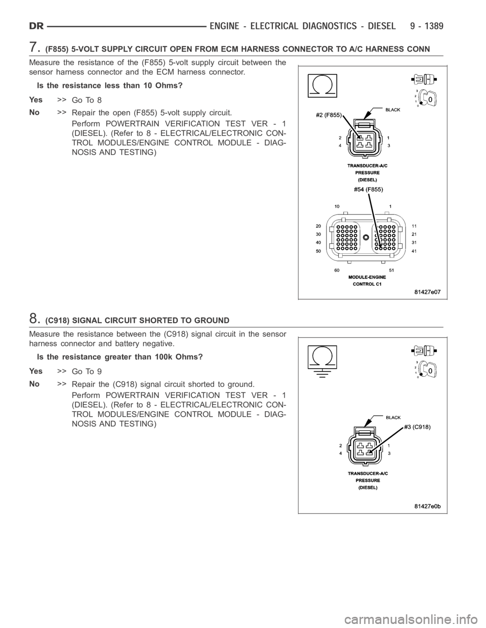 DODGE RAM SRT-10 2006  Service Repair Manual 7.(F855) 5-VOLT SUPPLY CIRCUIT OPEN FROM ECM HARNESS CONNECTOR TO A/C HARNESSCONN
Measure the resistance of the (F855) 5-volt supply circuit between the
sensor harness connector and the ECM harness co
