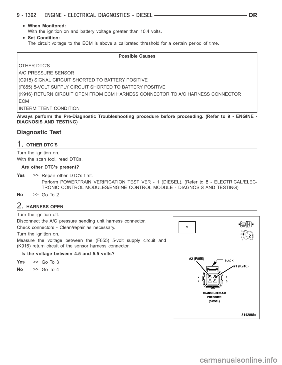 DODGE RAM SRT-10 2006  Service Repair Manual When Monitored:
With the ignition on and battery voltage greater than 10.4 volts.
Set Condition:
The circuit voltage to the ECM is above a calibrated threshold for a certainperiod of time.
Possible Ca