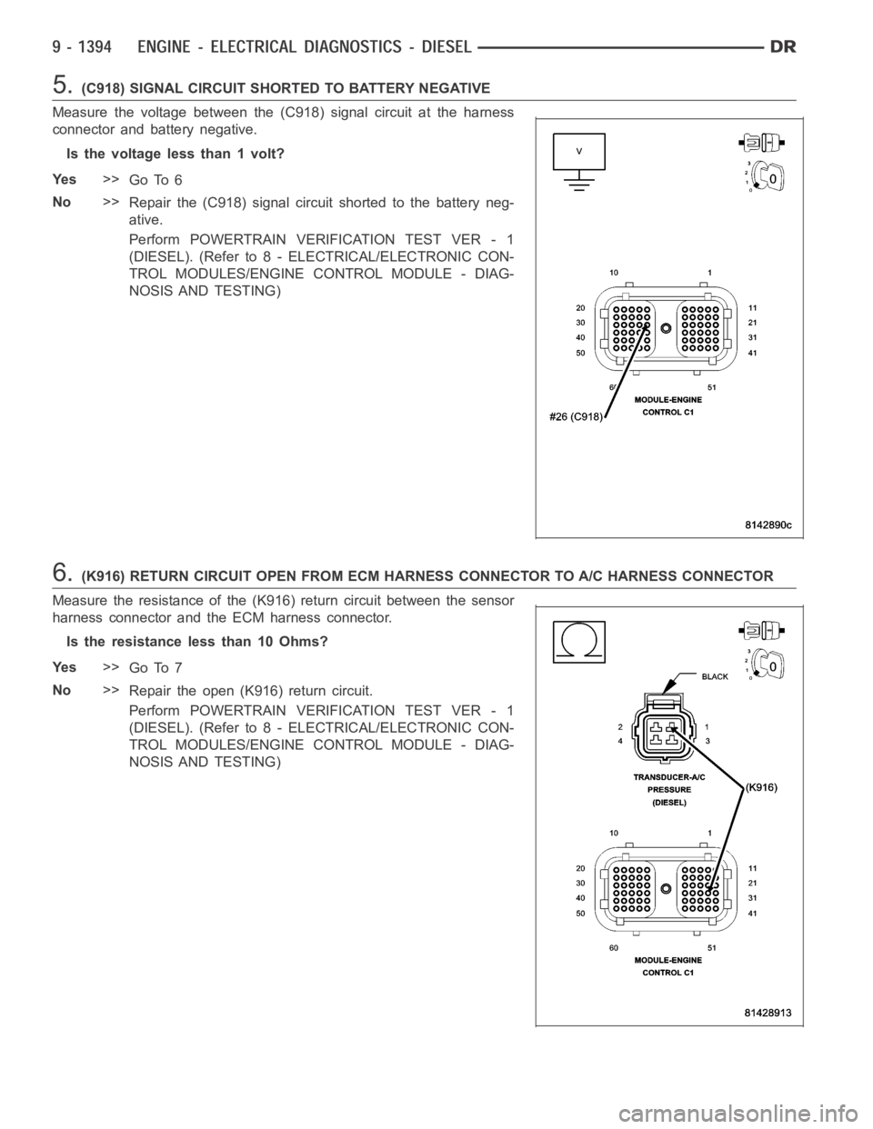 DODGE RAM SRT-10 2006  Service Repair Manual 5.(C918) SIGNAL CIRCUIT SHORTED TO BATTERY NEGATIVE
Measure the voltage between the (C918) signal circuit at the harness
connector and battery negative.
Is the voltage less than 1 volt?
Ye s>>
Go To 6