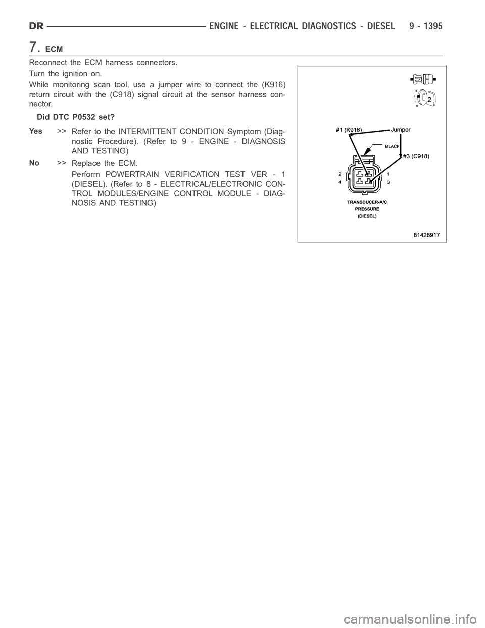 DODGE RAM SRT-10 2006  Service Repair Manual 7.ECM
Reconnect the ECM harness connectors.
Turn the ignition on.
While monitoring scan tool, use a jumper wire to connect the (K916)
return circuit with the (C918) signal circuit at the sensor harnes