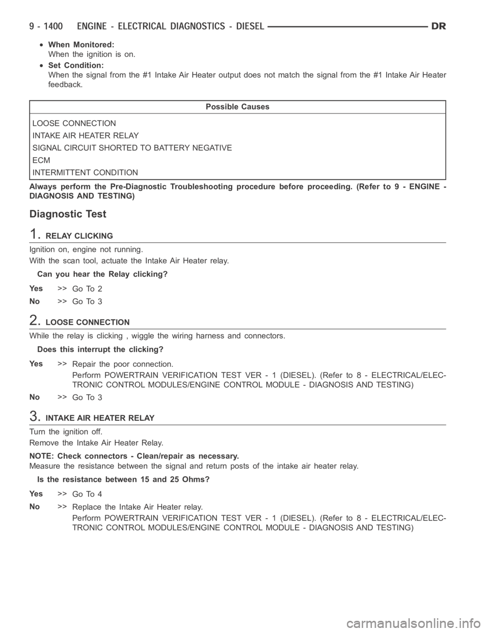 DODGE RAM SRT-10 2006  Service Repair Manual When Monitored:
When the ignition is on.
Set Condition:
When the signal from the #1 Intake Air Heater output does not match the signal from the #1 Intake Air Heater
feedback.
Possible Causes
LOOSE CON