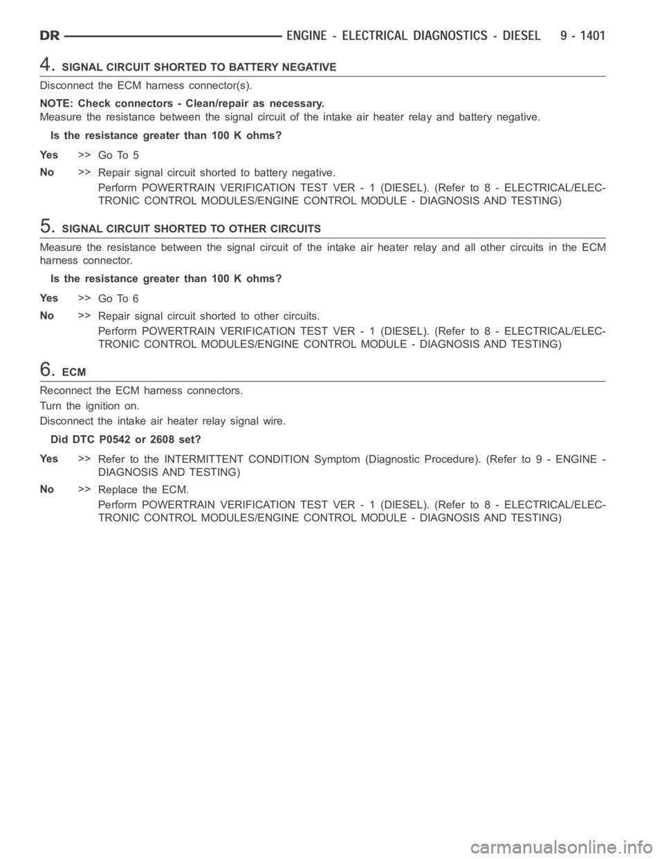 DODGE RAM SRT-10 2006  Service Repair Manual 4.SIGNAL CIRCUIT SHORTED TO BATTERY NEGATIVE
Disconnect the ECM harness connector(s).
NOTE: Check connectors - Clean/repair as necessary.
Measure the resistance between the signal circuit of the intak