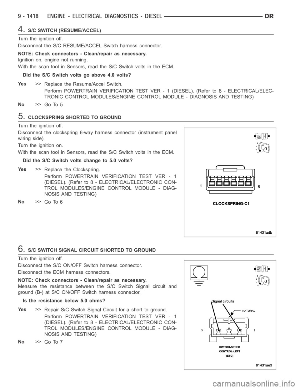 DODGE RAM SRT-10 2006  Service Repair Manual 4.S/C SWITCH (RESUME/ACCEL)
Turn the ignition off.
Disconnect the S/C RESUME/ACCEL Switch harness connector.
NOTE: Check connectors - Clean/repair as necessary.
Ignition on, engine not running.
With t