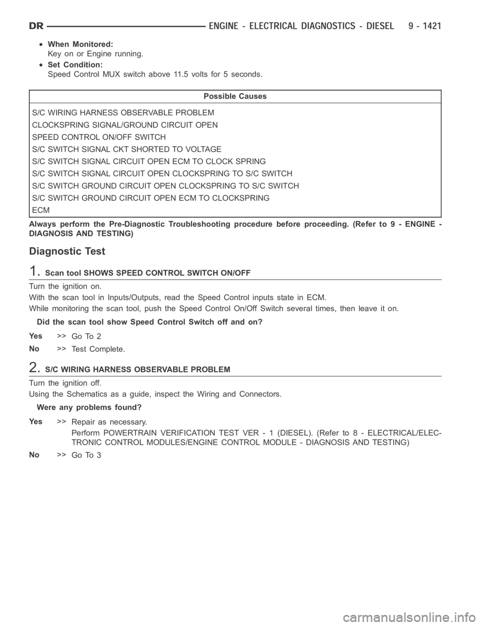 DODGE RAM SRT-10 2006  Service Repair Manual When Monitored:
Key on or Engine running.
Set Condition:
Speed Control MUX switch above 11.5 volts for 5 seconds.
Possible Causes
S/C WIRING HARNESS OBSERVABLE PROBLEM
CLOCKSPRING SIGNAL/GROUND CIRCUI