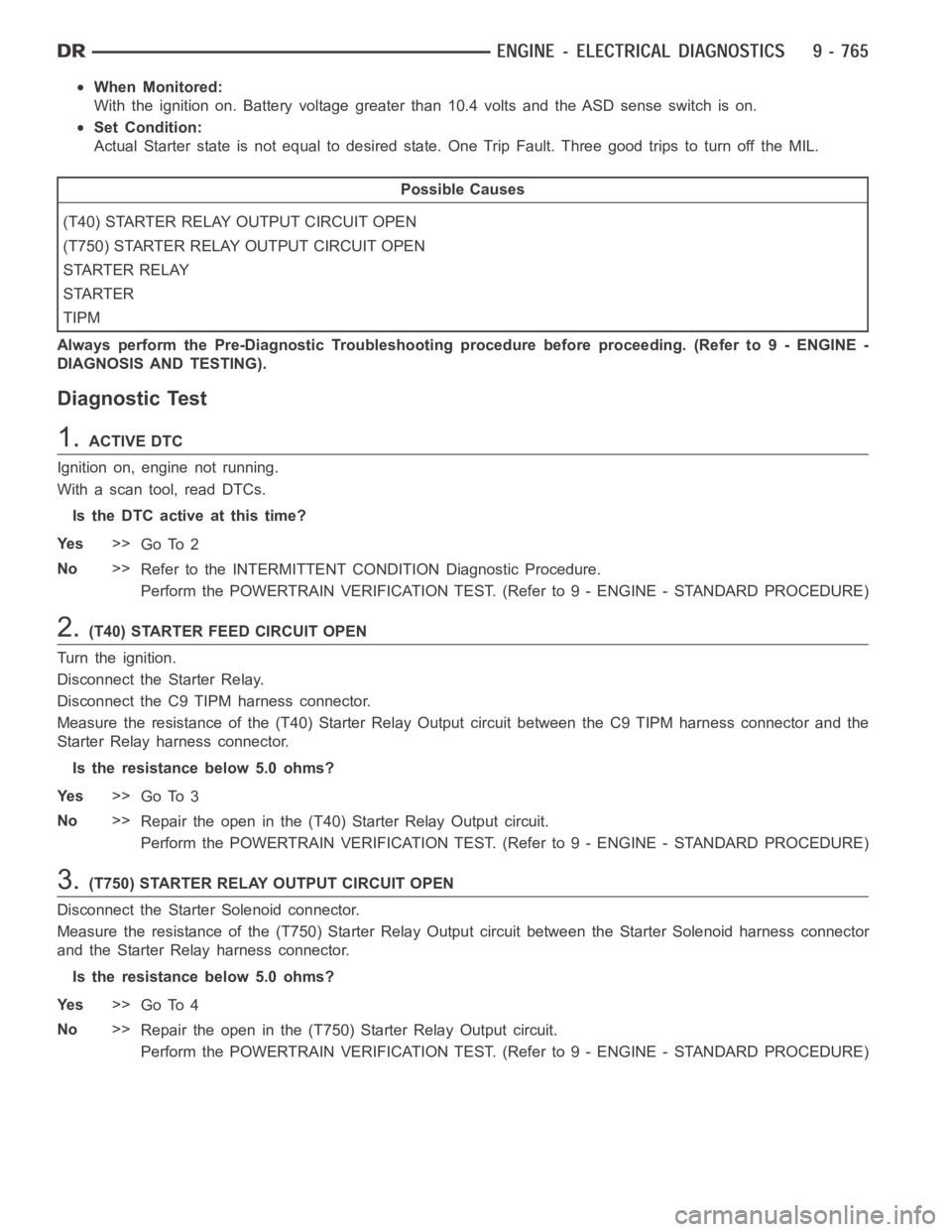 DODGE RAM SRT-10 2006 Service Manual PDF When Monitored:
With the ignition on. Battery voltage greater than 10.4 volts and the ASD sense switch is on.
Set Condition:
Actual Starter state is not equal to desired state. One Trip Fault. Three g DODGE RAM SRT-10 2006 Service Manual PDF When Monitored:
With the ignition on. Battery voltage greater than 10.4 volts and the ASD sense switch is on.
Set Condition:
Actual Starter state is not equal to desired state. One Trip Fault. Three g
