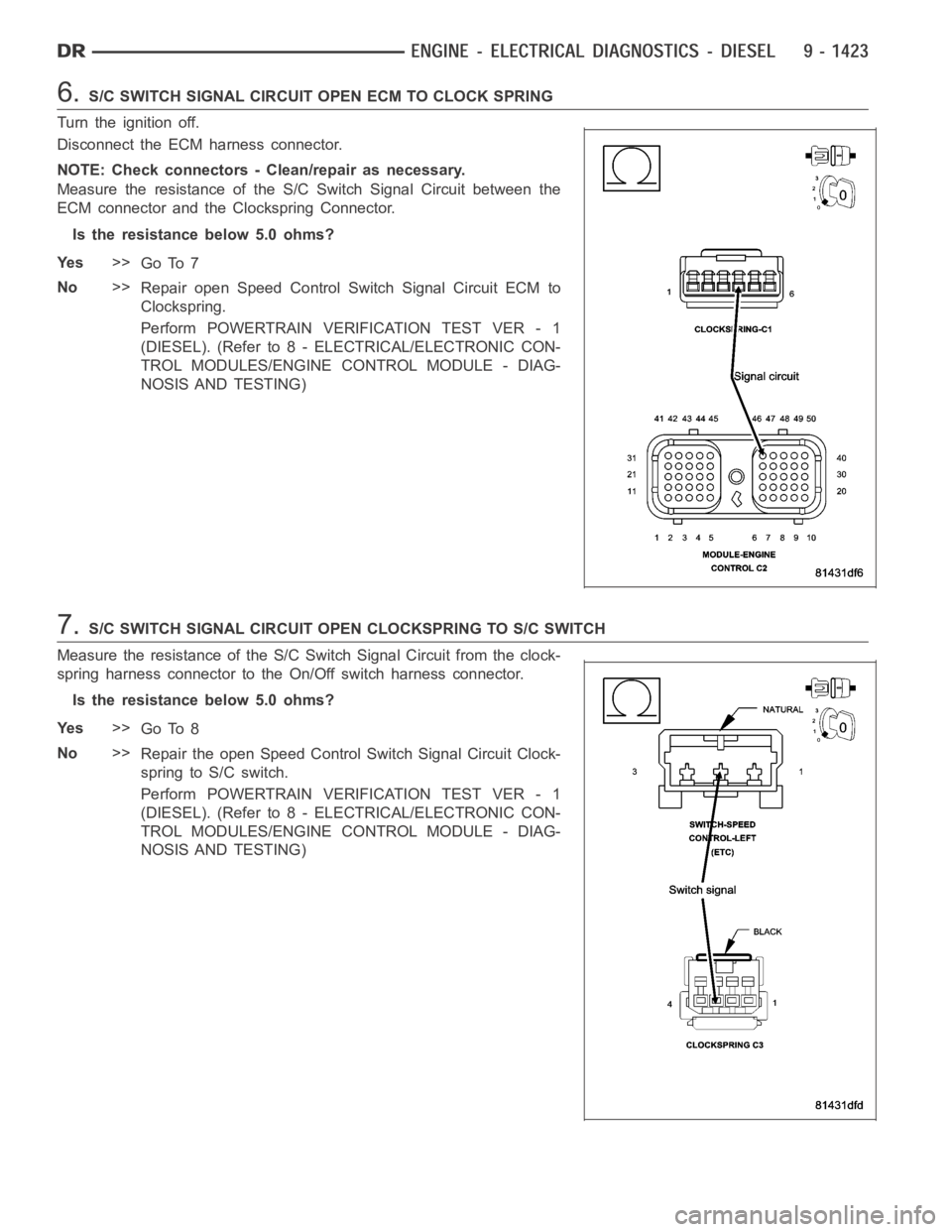 DODGE RAM SRT-10 2006 Service Repair Manual 6.S/C SWITCH SIGNAL CIRCUIT OPEN ECM TO CLOCK SPRING
Turn the ignition off.
Disconnect the ECM harness connector.
NOTE: Check connectors - Clean/repair as necessary.
Measure the resistance of the S/C DODGE RAM SRT-10 2006 Service Repair Manual 6.S/C SWITCH SIGNAL CIRCUIT OPEN ECM TO CLOCK SPRING
Turn the ignition off.
Disconnect the ECM harness connector.
NOTE: Check connectors - Clean/repair as necessary.
Measure the resistance of the S/C