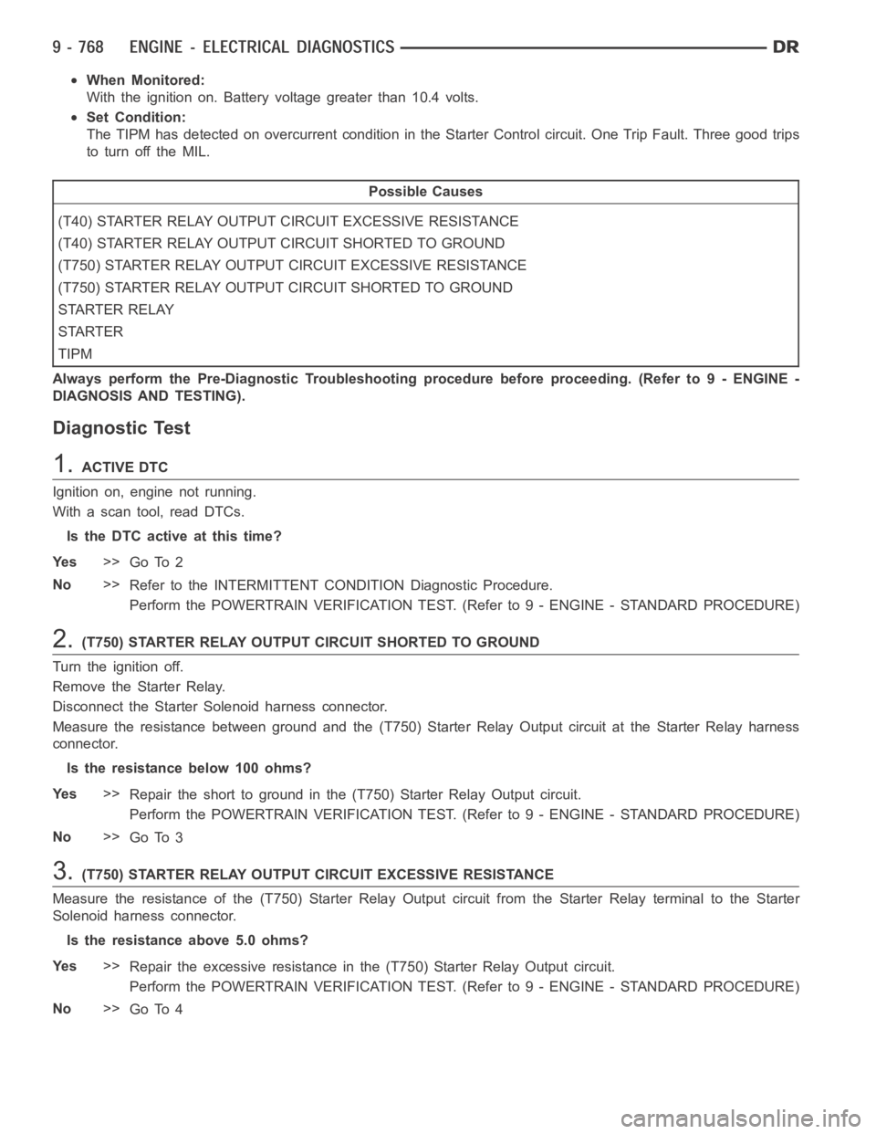 DODGE RAM SRT-10 2006 Service Manual PDF When Monitored:
With the ignition on. Battery voltage greater than 10.4 volts.
Set Condition:
The TIPM has detected on overcurrent condition in the Starter Control circuit. One Trip Fault. Three good DODGE RAM SRT-10 2006 Service Manual PDF When Monitored:
With the ignition on. Battery voltage greater than 10.4 volts.
Set Condition:
The TIPM has detected on overcurrent condition in the Starter Control circuit. One Trip Fault. Three good