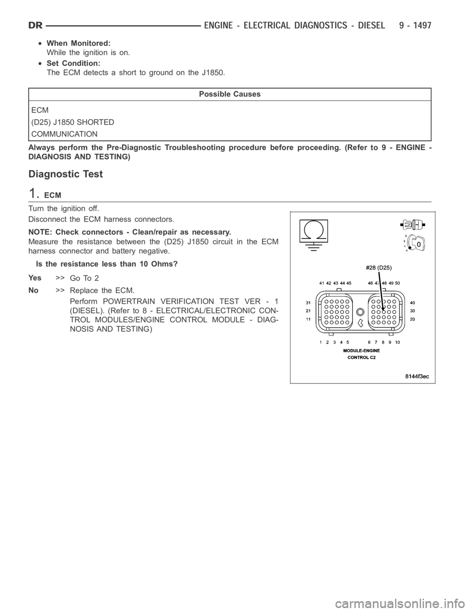 DODGE RAM SRT-10 2006 Service Repair Manual When Monitored:
While the ignition is on.
Set Condition:
The ECM detects a short to ground on the J1850.
Possible Causes
ECM
(D25) J1850 SHORTED
COMMUNICATION
Always perform the Pre-Diagnostic Trouble DODGE RAM SRT-10 2006 Service Repair Manual When Monitored:
While the ignition is on.
Set Condition:
The ECM detects a short to ground on the J1850.
Possible Causes
ECM
(D25) J1850 SHORTED
COMMUNICATION
Always perform the Pre-Diagnostic Trouble