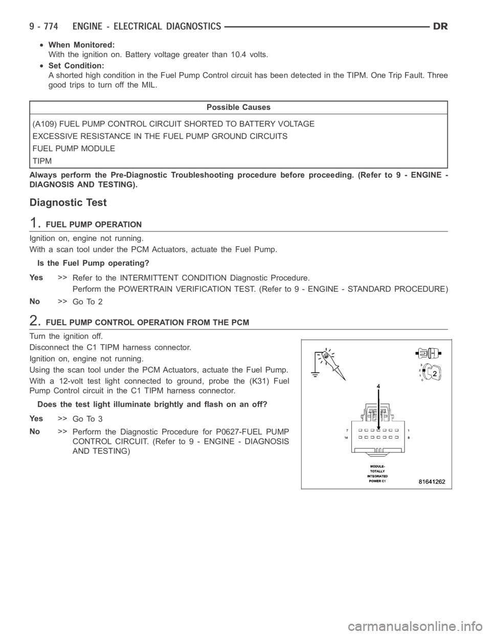DODGE RAM SRT-10 2006 Service Repair Manual When Monitored:
With the ignition on. Battery voltage greater than 10.4 volts.
Set Condition:
A shorted high condition in the Fuel Pump Control circuit has been detectedin the TIPM. One Trip Fault. Th DODGE RAM SRT-10 2006 Service Repair Manual When Monitored:
With the ignition on. Battery voltage greater than 10.4 volts.
Set Condition:
A shorted high condition in the Fuel Pump Control circuit has been detectedin the TIPM. One Trip Fault. Th