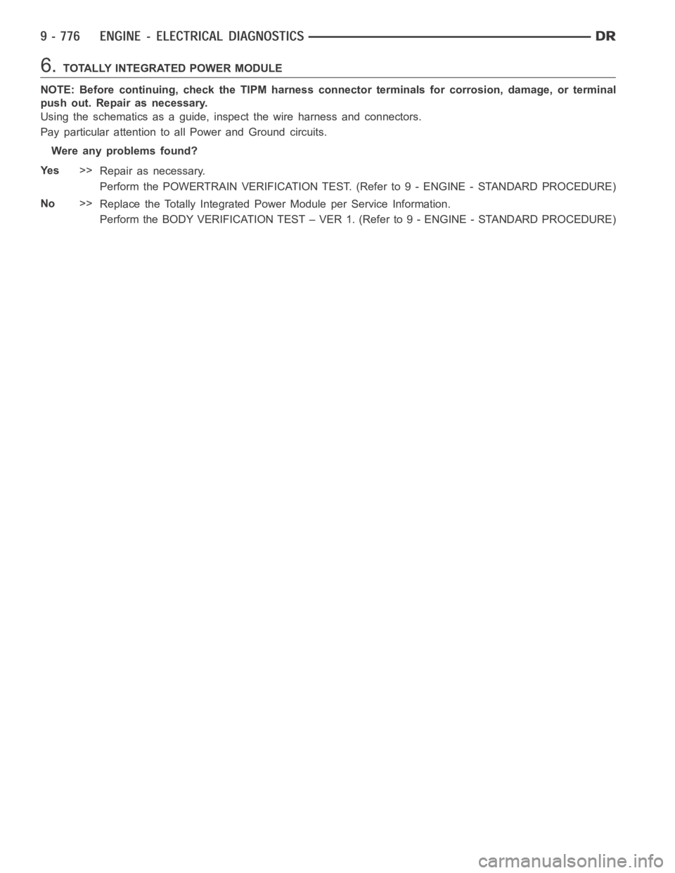 DODGE RAM SRT-10 2006  Service Owners Manual 6.TOTALLY INTEGRATED POWER MODULE
NOTE: Before continuing, check the TIPM harness connector terminals for corrosion, damage, or terminal
push out. Repair as necessary.
Using the schematics as a guide,
