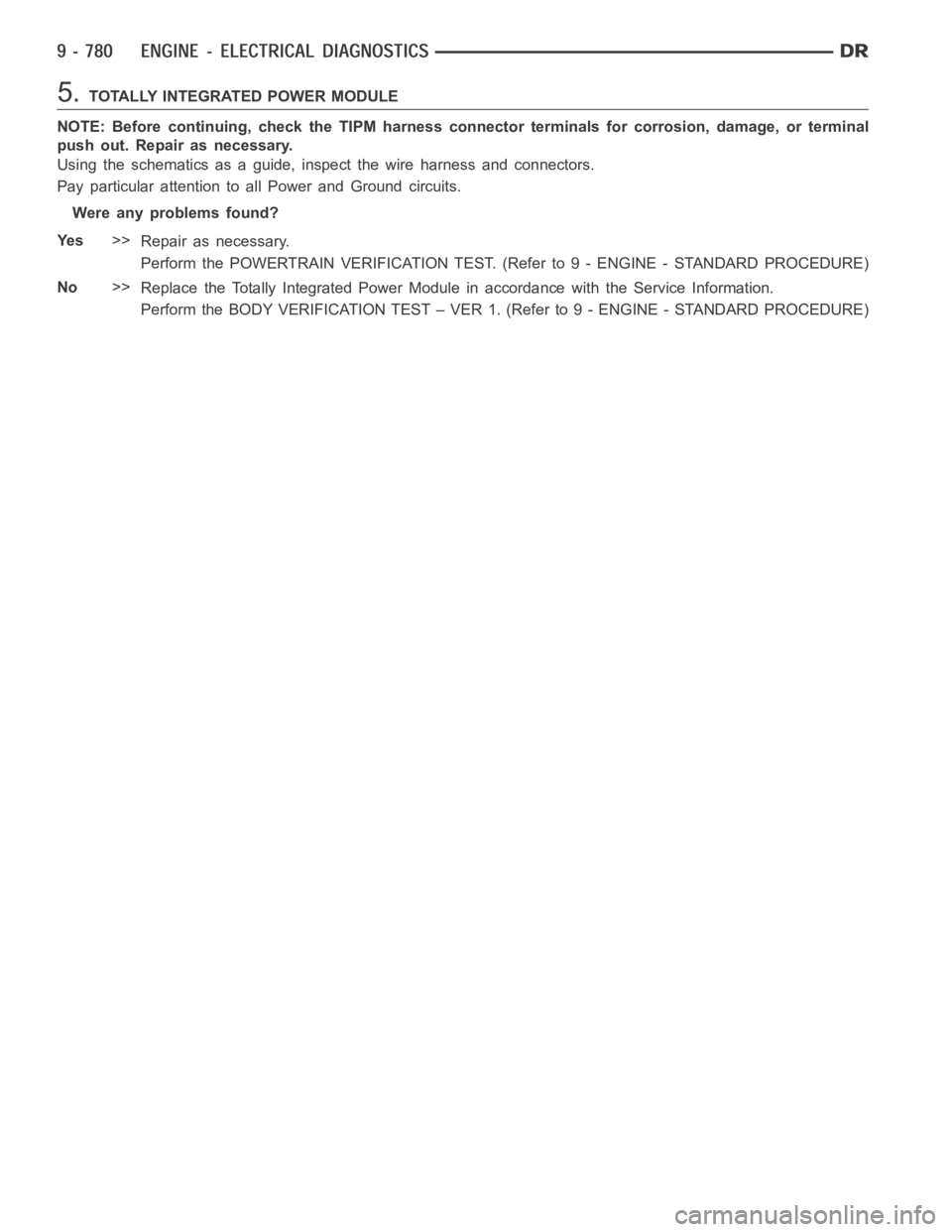 DODGE RAM SRT-10 2006  Service Owners Manual 5.TOTALLY INTEGRATED POWER MODULE
NOTE: Before continuing, check the TIPM harness connector terminals for corrosion, damage, or terminal
push out. Repair as necessary.
Using the schematics as a guide,