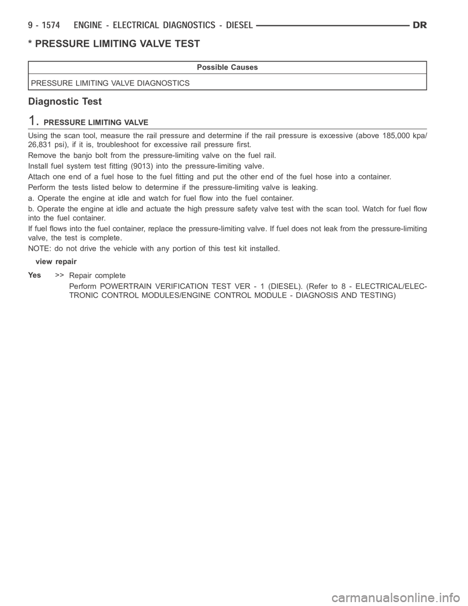 DODGE RAM SRT-10 2006  Service Repair Manual * PRESSURE LIMITING VALVE TEST
Possible Causes
PRESSURE LIMITING VALVE DIAGNOSTICS
Diagnostic Test
1.PRESSURE LIMITING VALVE
Using the scan tool, measure the rail pressure and determine if the rail pr