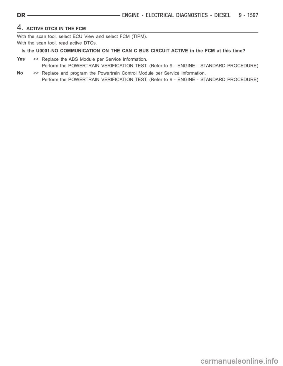 DODGE RAM SRT-10 2006 Service Repair Manual 4.ACTIVE DTCS IN THE FCM
With the scan tool, select ECU View and select FCM (TIPM).
With the scan tool, read active DTCs.
Is the U0001-NO COMMUNICATION ON THE CAN C BUS CIRCUIT ACTIVE in the FCM at th DODGE RAM SRT-10 2006 Service Repair Manual 4.ACTIVE DTCS IN THE FCM
With the scan tool, select ECU View and select FCM (TIPM).
With the scan tool, read active DTCs.
Is the U0001-NO COMMUNICATION ON THE CAN C BUS CIRCUIT ACTIVE in the FCM at th