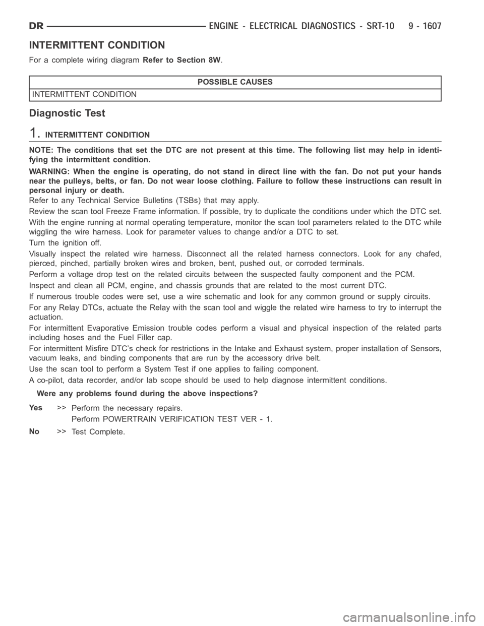 DODGE RAM SRT-10 2006 Service Repair Manual INTERMITTENT CONDITION
For a complete wiring diagramRefer to Section 8W.
POSSIBLE CAUSES
INTERMITTENT CONDITION
Diagnostic Test
1.INTERMITTENT CONDITION
NOTE: The conditions that set the DTC are not p DODGE RAM SRT-10 2006 Service Repair Manual INTERMITTENT CONDITION
For a complete wiring diagramRefer to Section 8W.
POSSIBLE CAUSES
INTERMITTENT CONDITION
Diagnostic Test
1.INTERMITTENT CONDITION
NOTE: The conditions that set the DTC are not p
