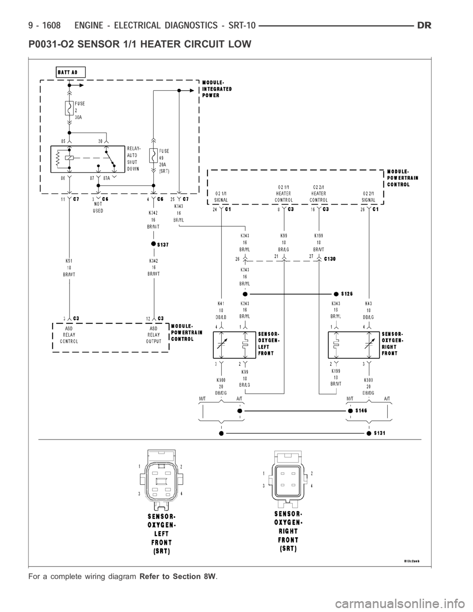 DODGE RAM SRT-10 2006 Service Repair Manual P0031-O2 SENSOR 1/1 HEATER CIRCUIT LOW
For a complete wiring diagramRefer to Section 8W. DODGE RAM SRT-10 2006 Service Repair Manual P0031-O2 SENSOR 1/1 HEATER CIRCUIT LOW
For a complete wiring diagramRefer to Section 8W.