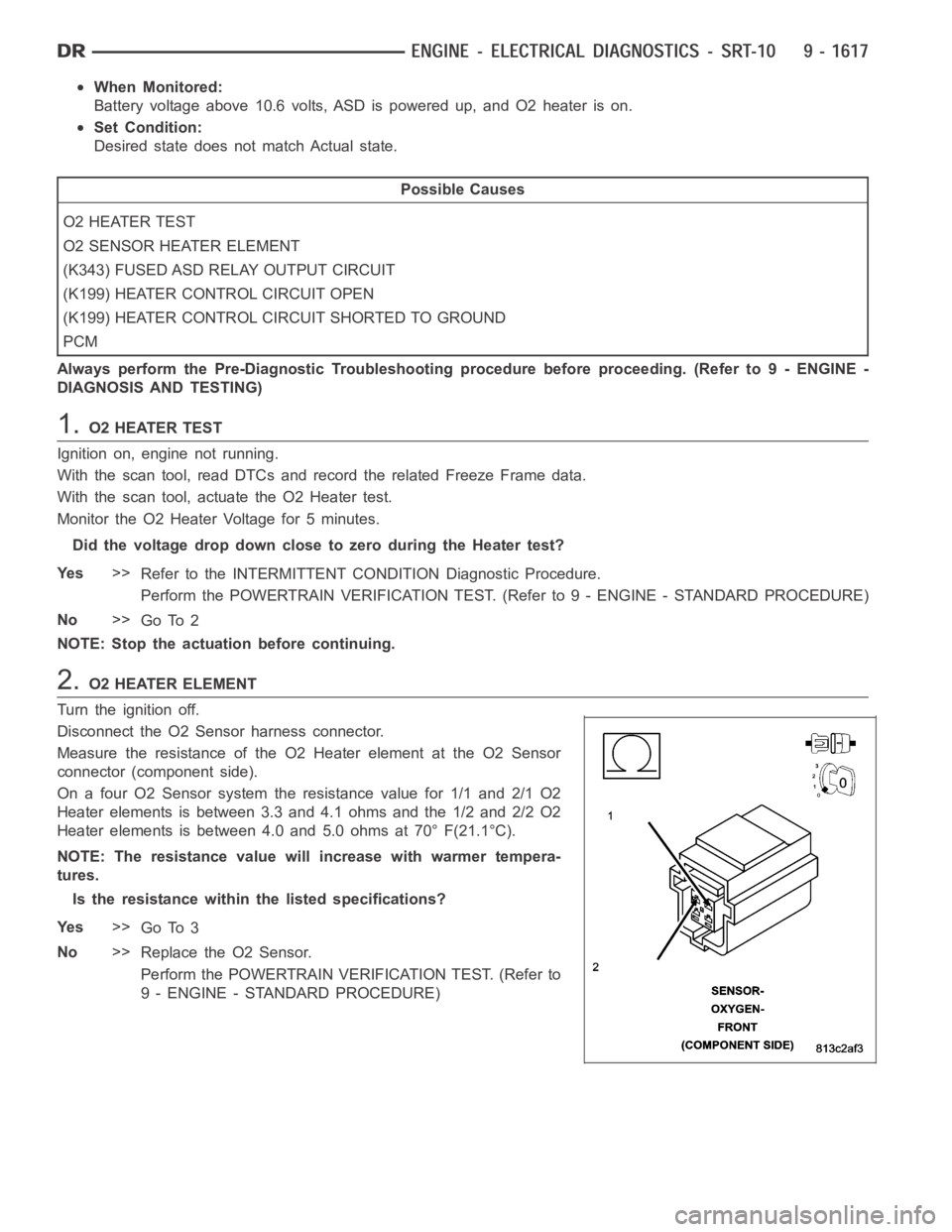 DODGE RAM SRT-10 2006  Service Repair Manual When Monitored:
Battery voltage above 10.6 volts, ASD is powered up, and O2 heater is on.
Set Condition:
Desired state does not match Actual state.
Possible Causes
O2 HEATER TEST
O2 SENSOR HEATER ELEM