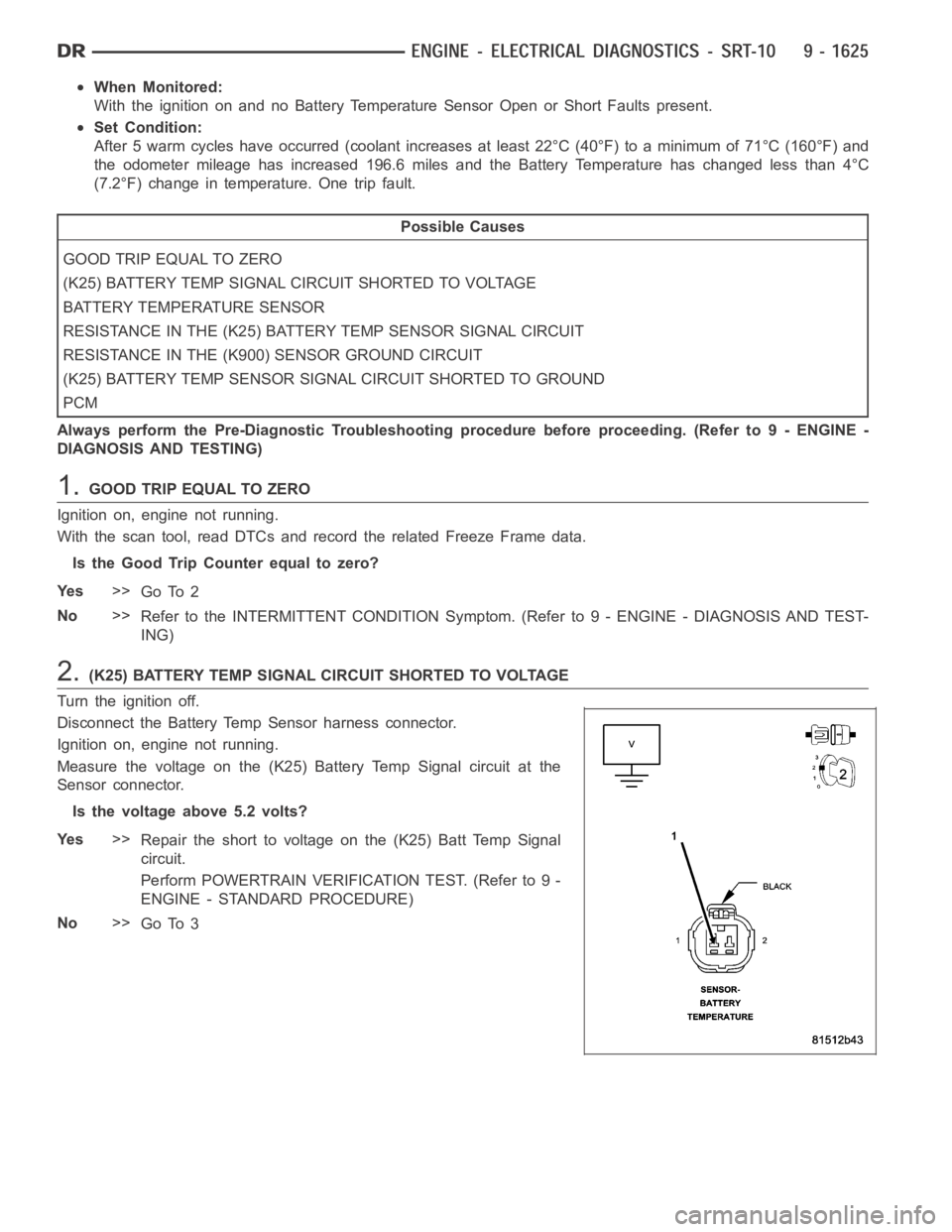 DODGE RAM SRT-10 2006 Service Repair Manual When Monitored:
With the ignition on and no Battery Temperature Sensor Open or Short Faultspresent.
Set Condition:
After 5 warm cycles have occurred (coolant increases at least 22°C (40°F) to a mini DODGE RAM SRT-10 2006 Service Repair Manual When Monitored:
With the ignition on and no Battery Temperature Sensor Open or Short Faultspresent.
Set Condition:
After 5 warm cycles have occurred (coolant increases at least 22°C (40°F) to a mini