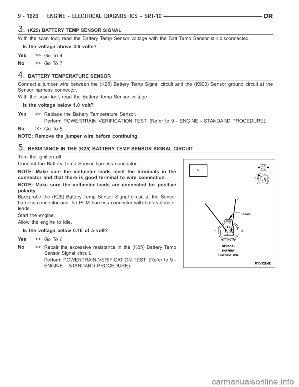 DODGE RAM SRT-10 2006 Service Repair Manual 3.(K25) BATTERY TEMP SENSOR SIGNAL
With the scan tool, read the Battery Temp Sensor voltage with the Batt Temp Sensor still disconnected.
Is the voltage above 4.6 volts?
Ye s>>
Go To 4
No>>
Go To 7
4. DODGE RAM SRT-10 2006 Service Repair Manual 3.(K25) BATTERY TEMP SENSOR SIGNAL
With the scan tool, read the Battery Temp Sensor voltage with the Batt Temp Sensor still disconnected.
Is the voltage above 4.6 volts?
Ye s>>
Go To 4
No>>
Go To 7
4.