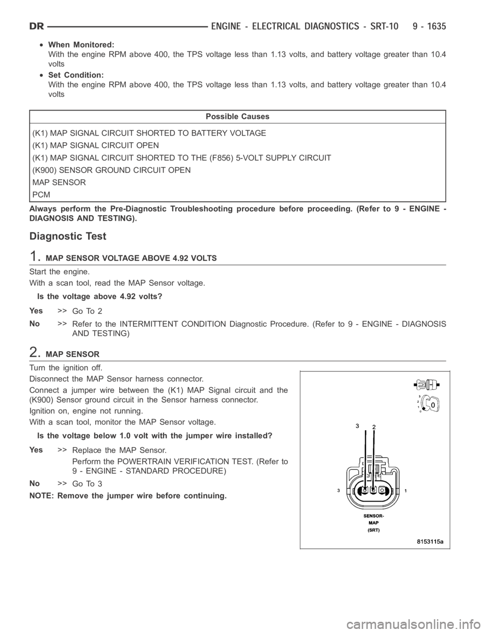 DODGE RAM SRT-10 2006 Service Repair Manual When Monitored:
With the engine RPM above 400, the TPS voltage less than 1.13 volts, and battery voltage greater than 10.4
volts
Set Condition:
With the engine RPM above 400, the TPS voltage less than DODGE RAM SRT-10 2006 Service Repair Manual When Monitored:
With the engine RPM above 400, the TPS voltage less than 1.13 volts, and battery voltage greater than 10.4
volts
Set Condition:
With the engine RPM above 400, the TPS voltage less than