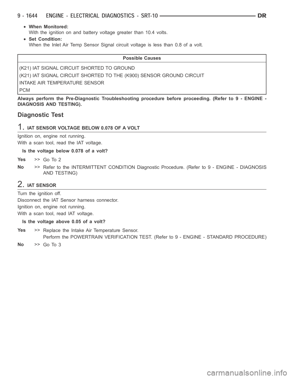 DODGE RAM SRT-10 2006 Service Repair Manual When Monitored:
With the ignition on and battery voltage greater than 10.4 volts.
Set Condition:
When the Inlet Air Temp Sensor Signal circuit voltage is less than 0.8 of a volt.
Possible Causes
(K21) DODGE RAM SRT-10 2006 Service Repair Manual When Monitored:
With the ignition on and battery voltage greater than 10.4 volts.
Set Condition:
When the Inlet Air Temp Sensor Signal circuit voltage is less than 0.8 of a volt.
Possible Causes
(K21)